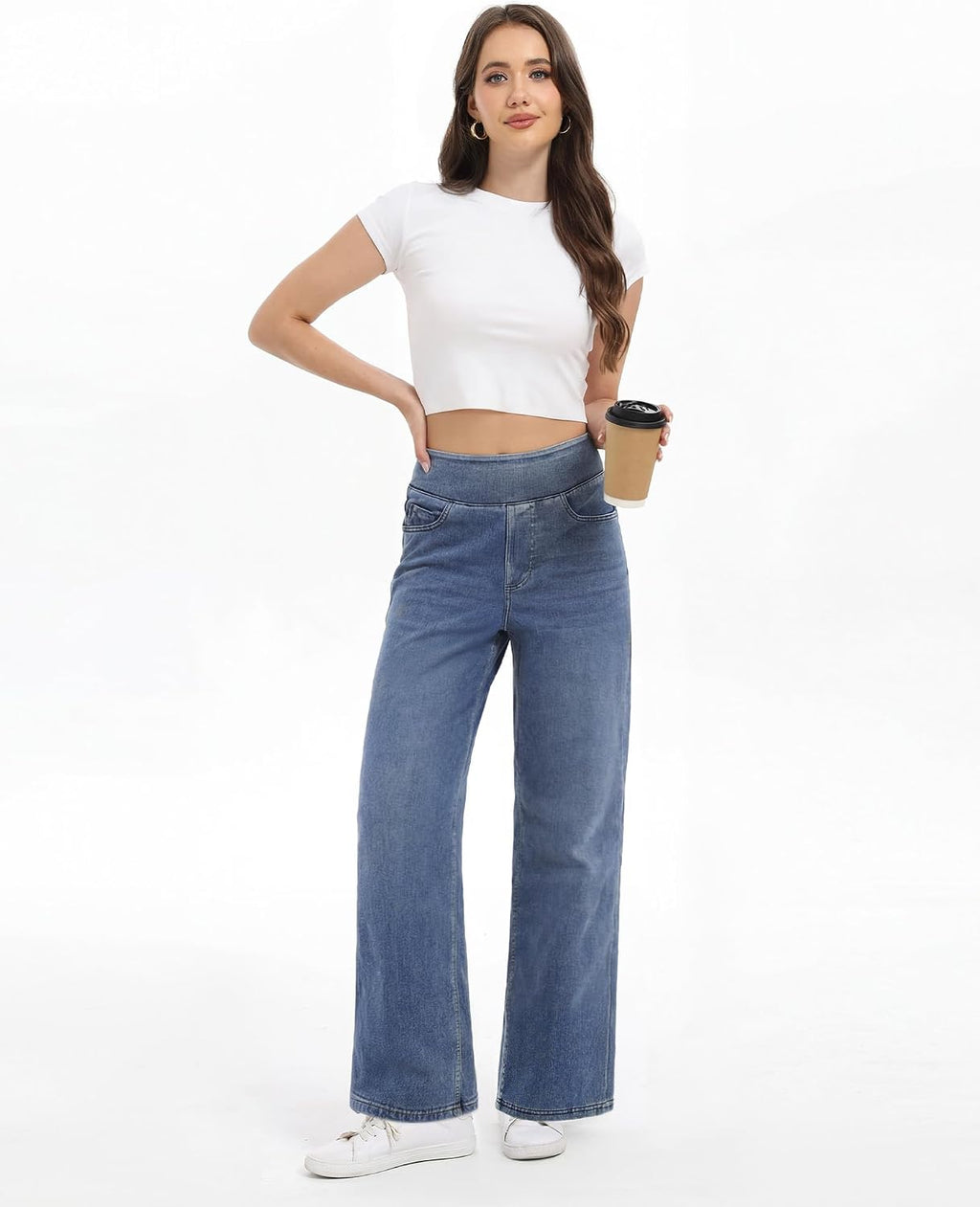 Wide Leg Pull On Jeans Womens High Rise Stretchy Jeans Denim Pants with Elastic Waist Tummy Control