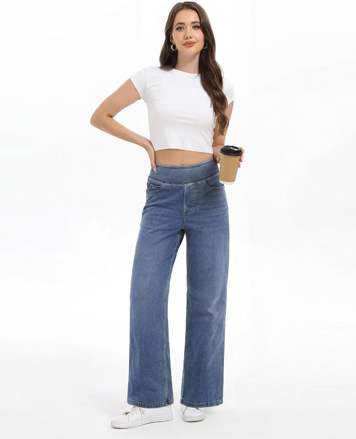 Wide Leg Pull On Jeans Womens High Rise Stretchy Jeans Denim Pants with Elastic Waist Tummy Control