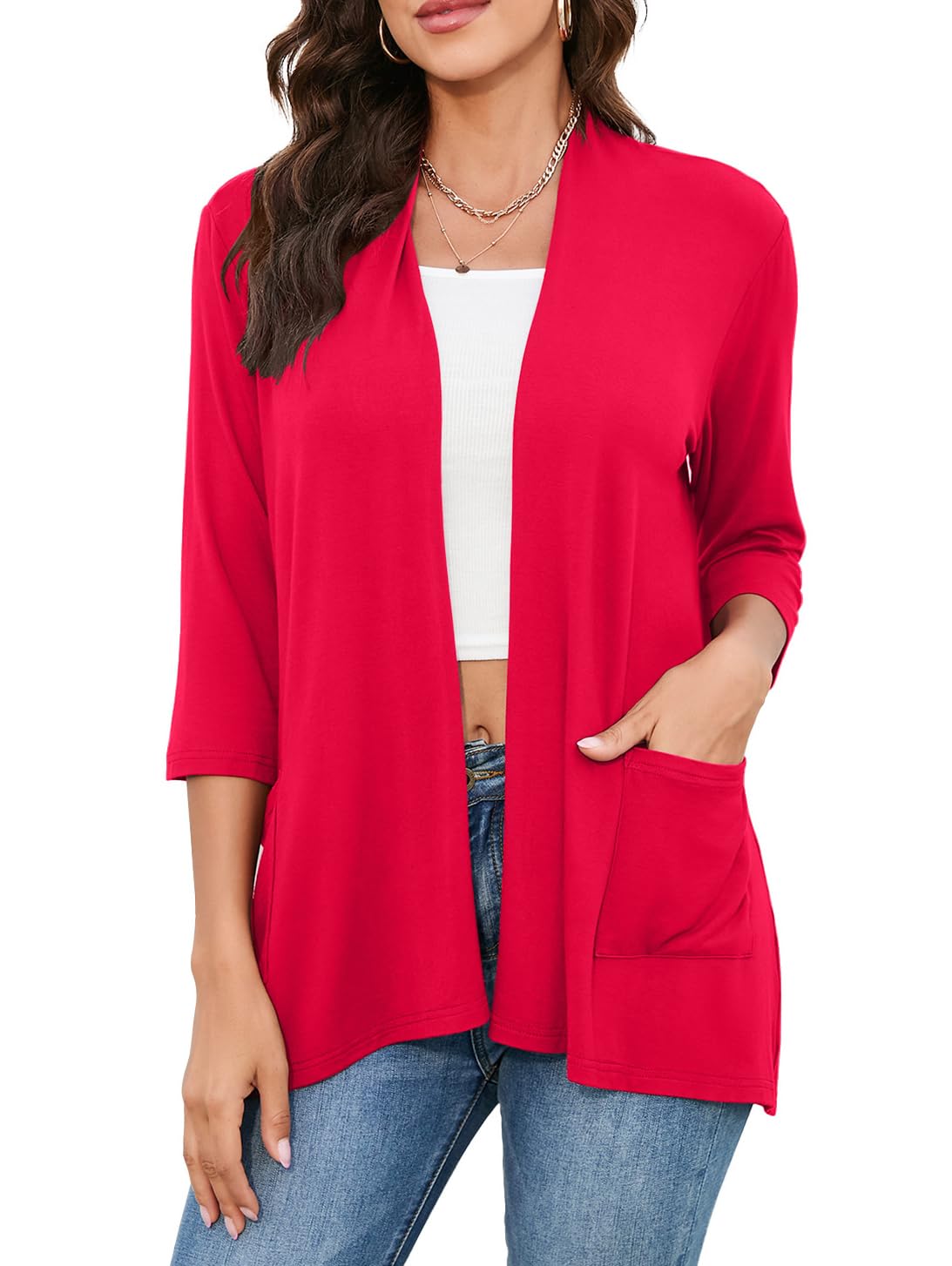 HIYIYEZI Womens Casual Lightweight Cardigans with Pockets 3/4 Sleeve Open Front Dusters