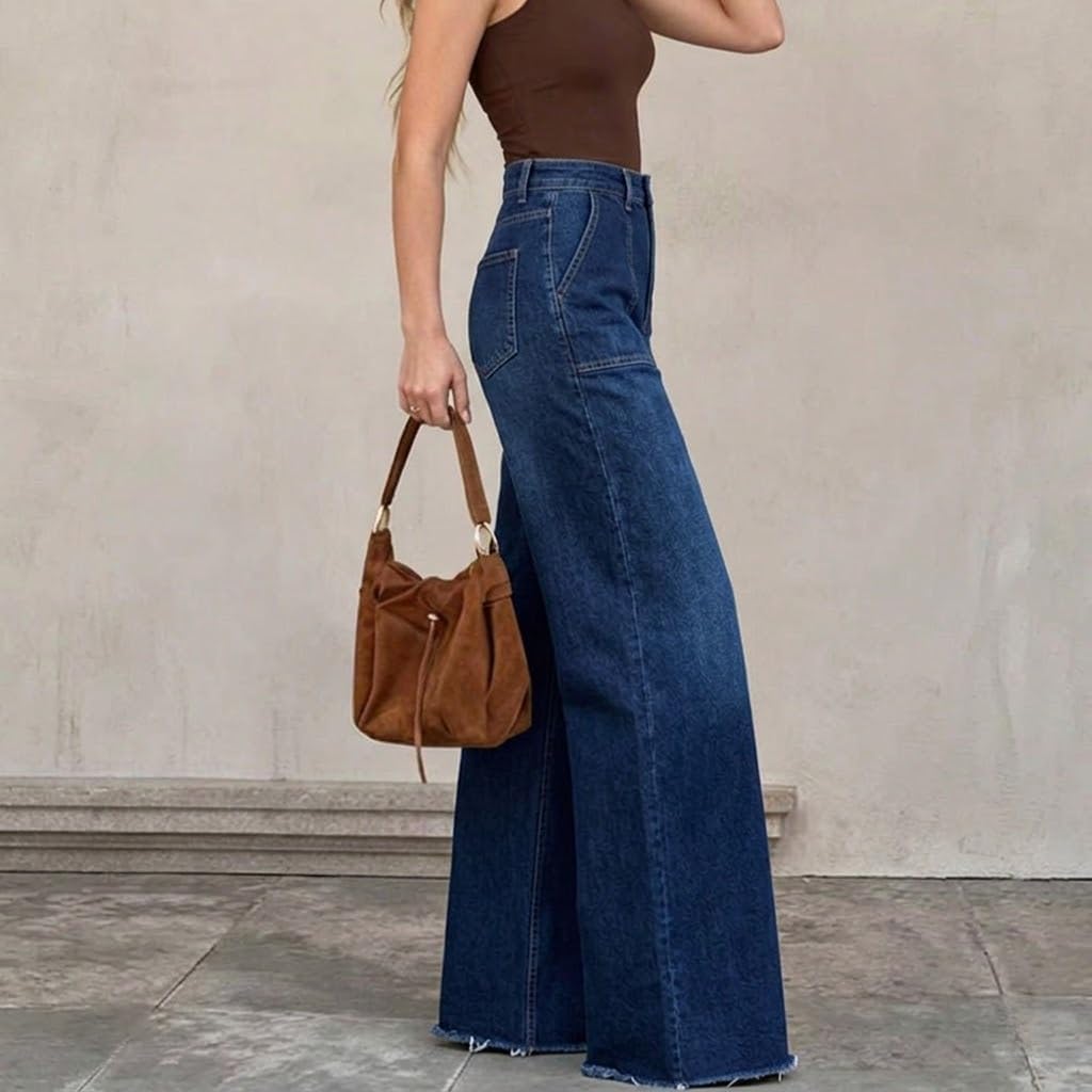 Women's 70s Retro High Waisted Long Inseam Wide Leg Jeans