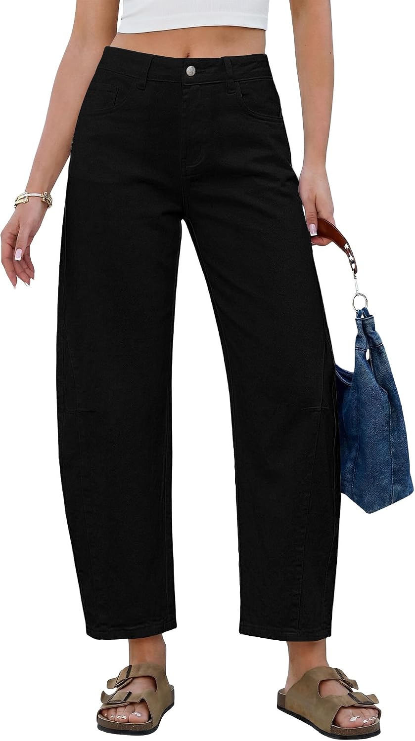 GRAPENT Barrel Jeans for Women Cropped Trendy High Waisted Baggy Side Seamed Casual Stretchy Denim Pants Wide Leg Jeans