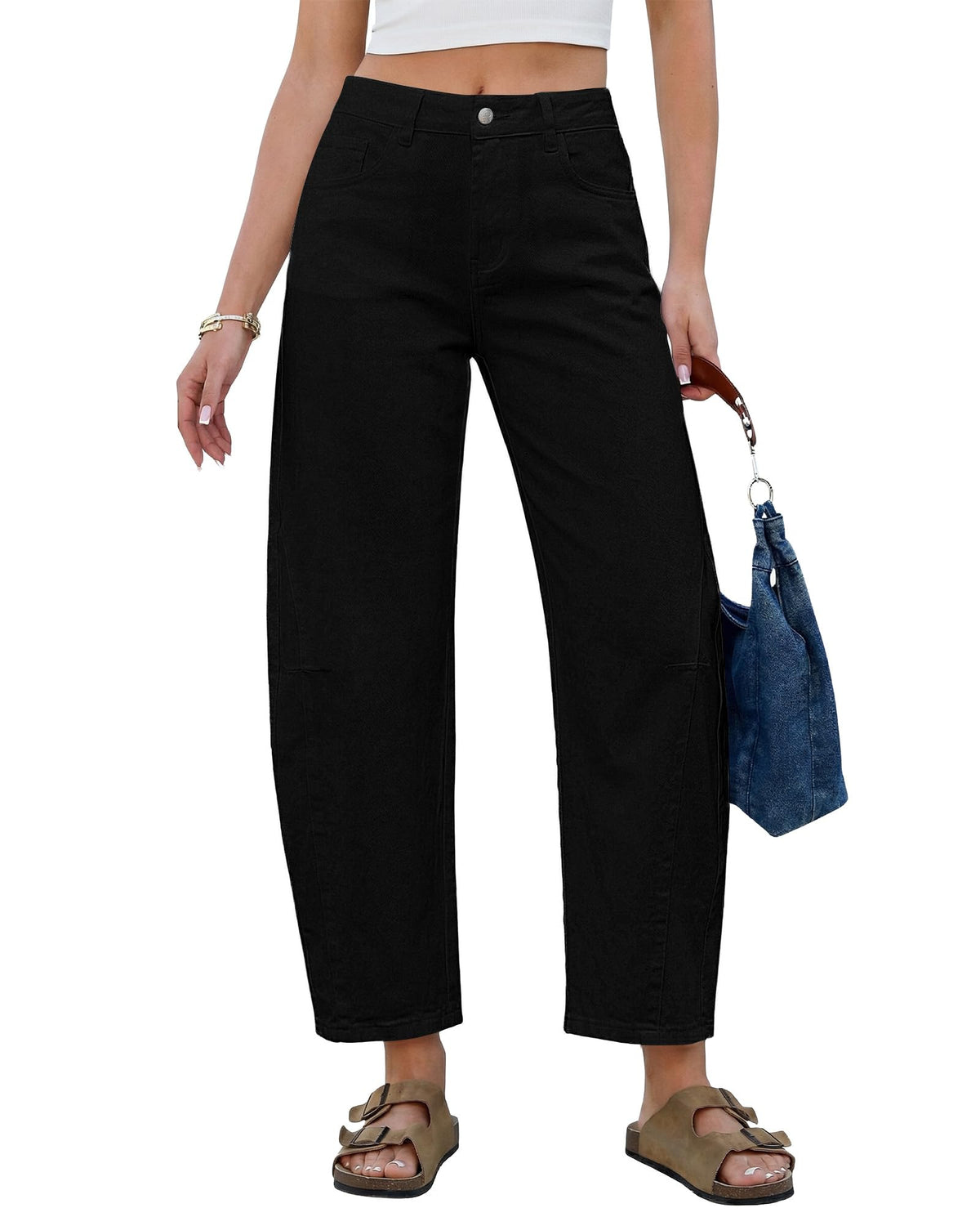 GRAPENT Barrel Jeans for Women Cropped Trendy High Waisted Baggy Side Seamed Casual Stretchy Denim Pants Wide Leg Jeans