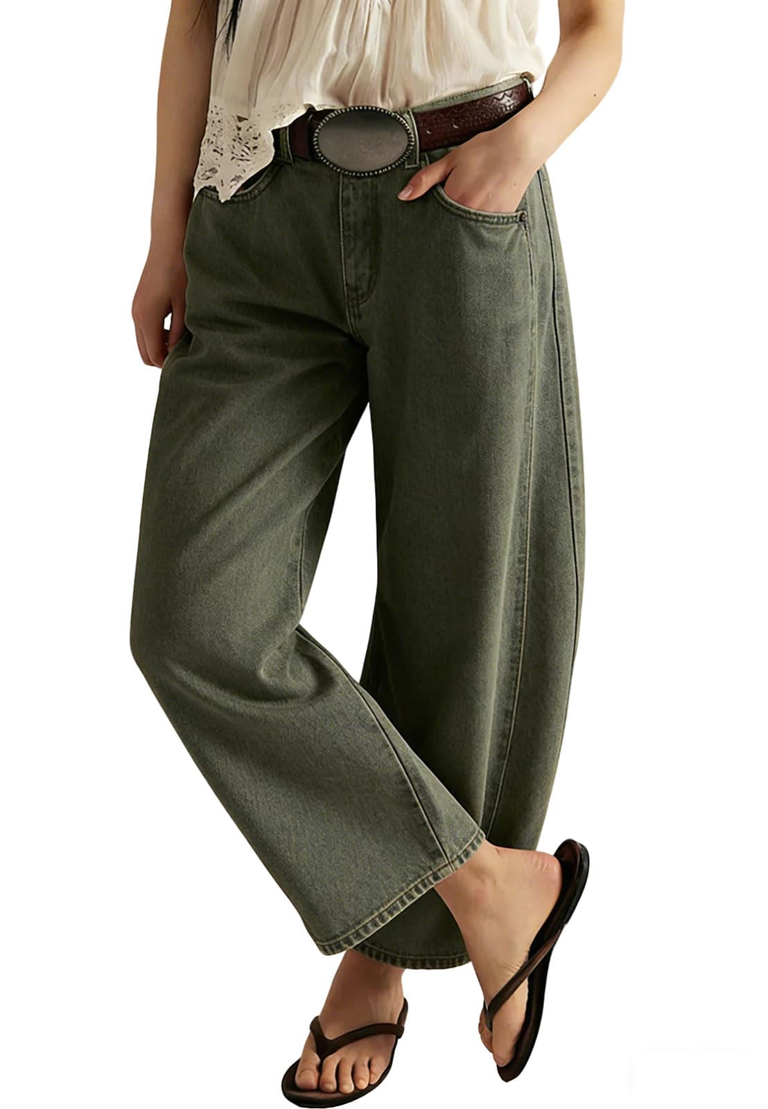 loveimgs Women Casual Wide Leg Mid Rise Jeans Baggy Barrel Jeans Denim Pull On Pants Sweatpants Y2k Boyfriend Boho Ankle Pant