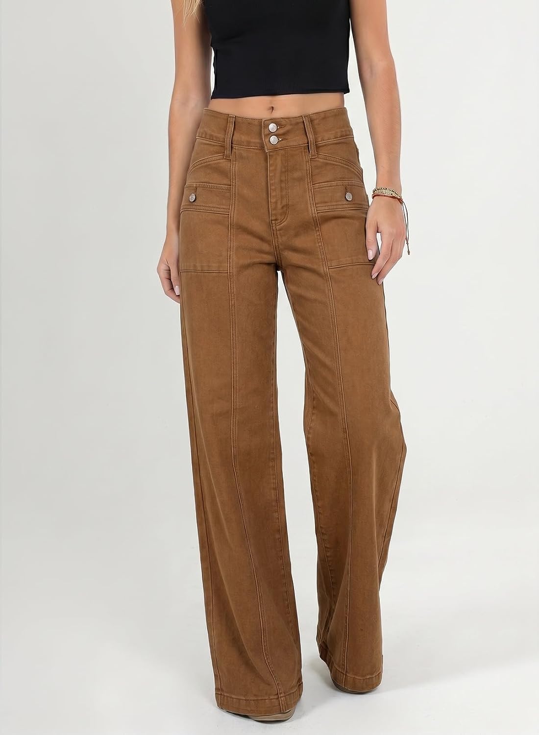 Astylish Women's Wide Leg Jeans High Waisted Double Buttons Stretchy Straight Leg Jean Trendy Denim Pants Big Pockets