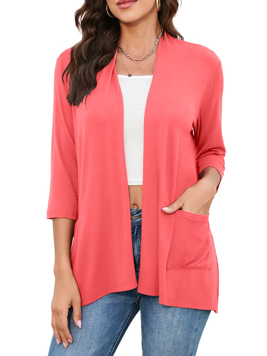 HIYIYEZI Womens Casual Lightweight Cardigans with Pockets 3/4 Sleeve Open Front Dusters