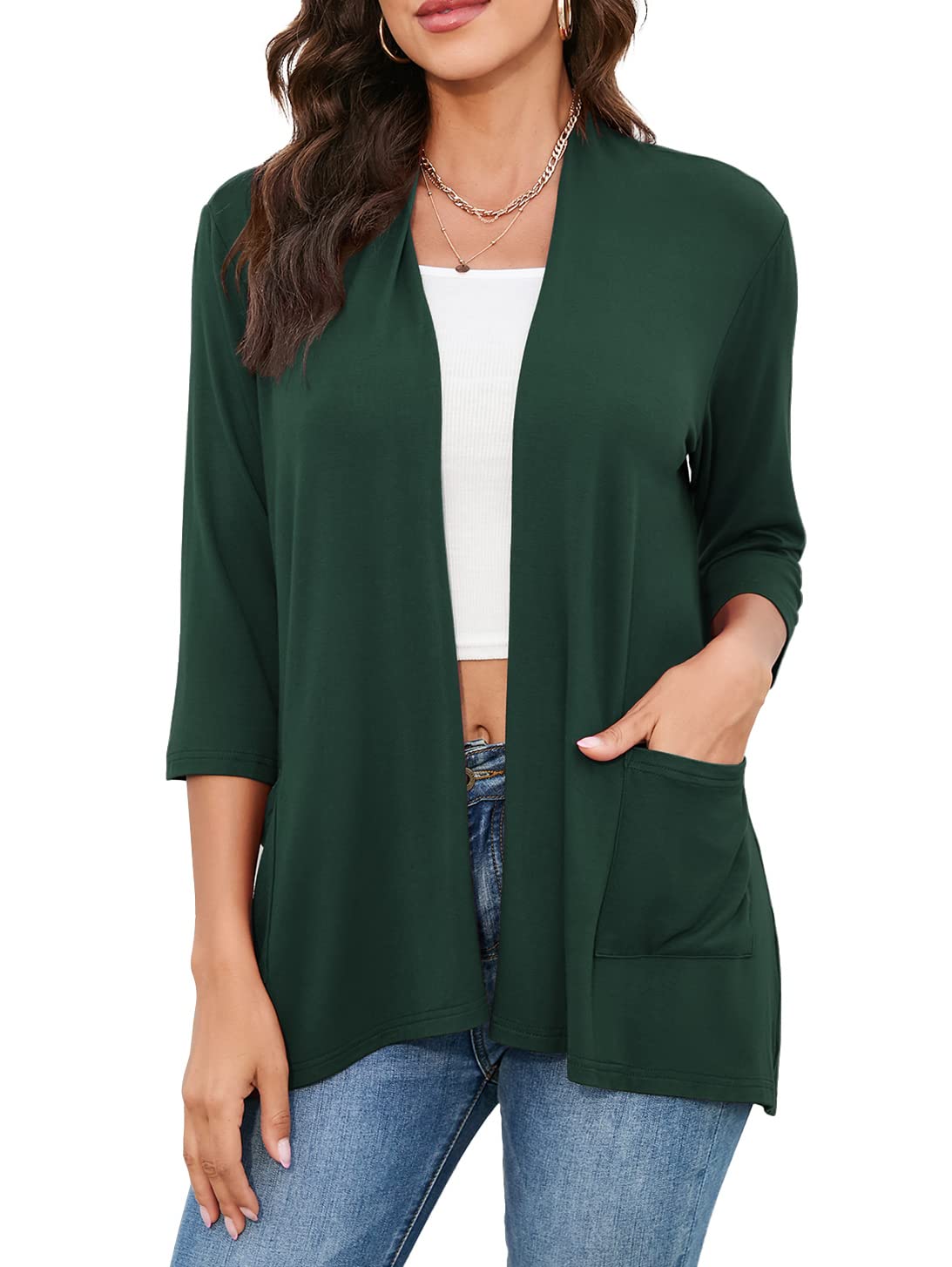 HIYIYEZI Womens Casual Lightweight Cardigans with Pockets 3/4 Sleeve Open Front Dusters