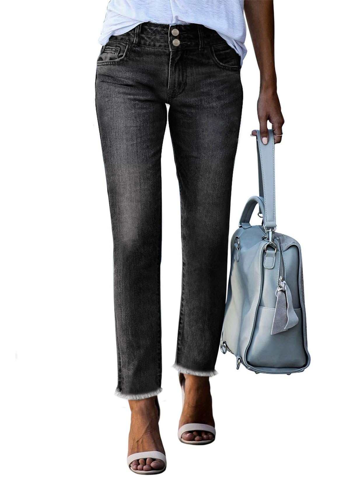 Sidefeel Women's High Waisted Raw Hem Straight Leg Jeans