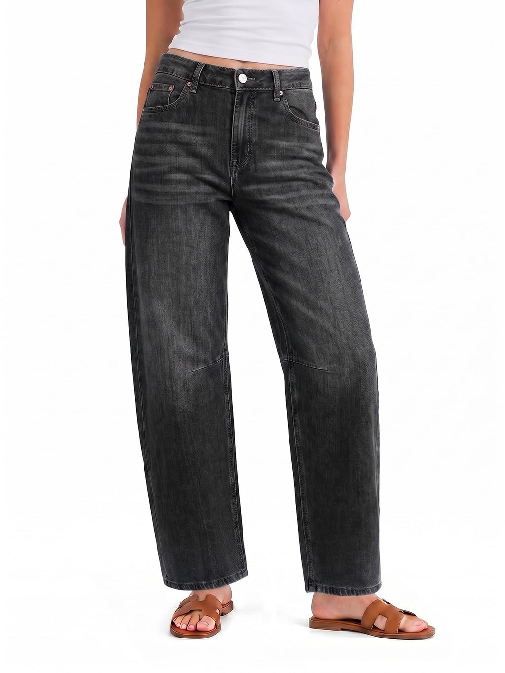 Cicy Bell Women Barrel Cropped Jeans Baggy High Waisted Casual Denim Pants