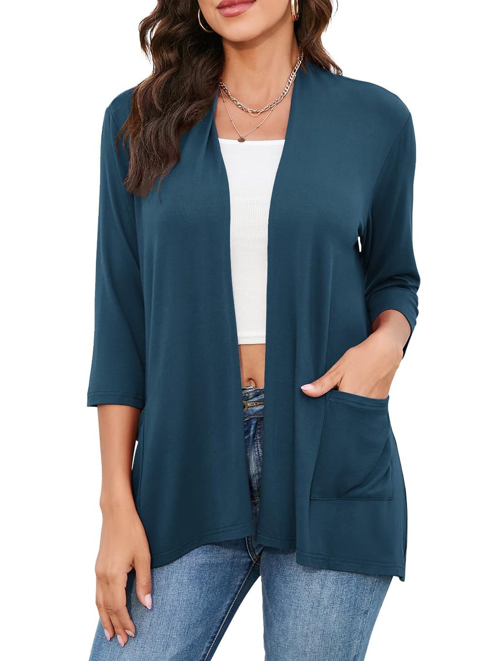 HIYIYEZI Womens Casual Lightweight Cardigans with Pockets 3/4 Sleeve Open Front Dusters