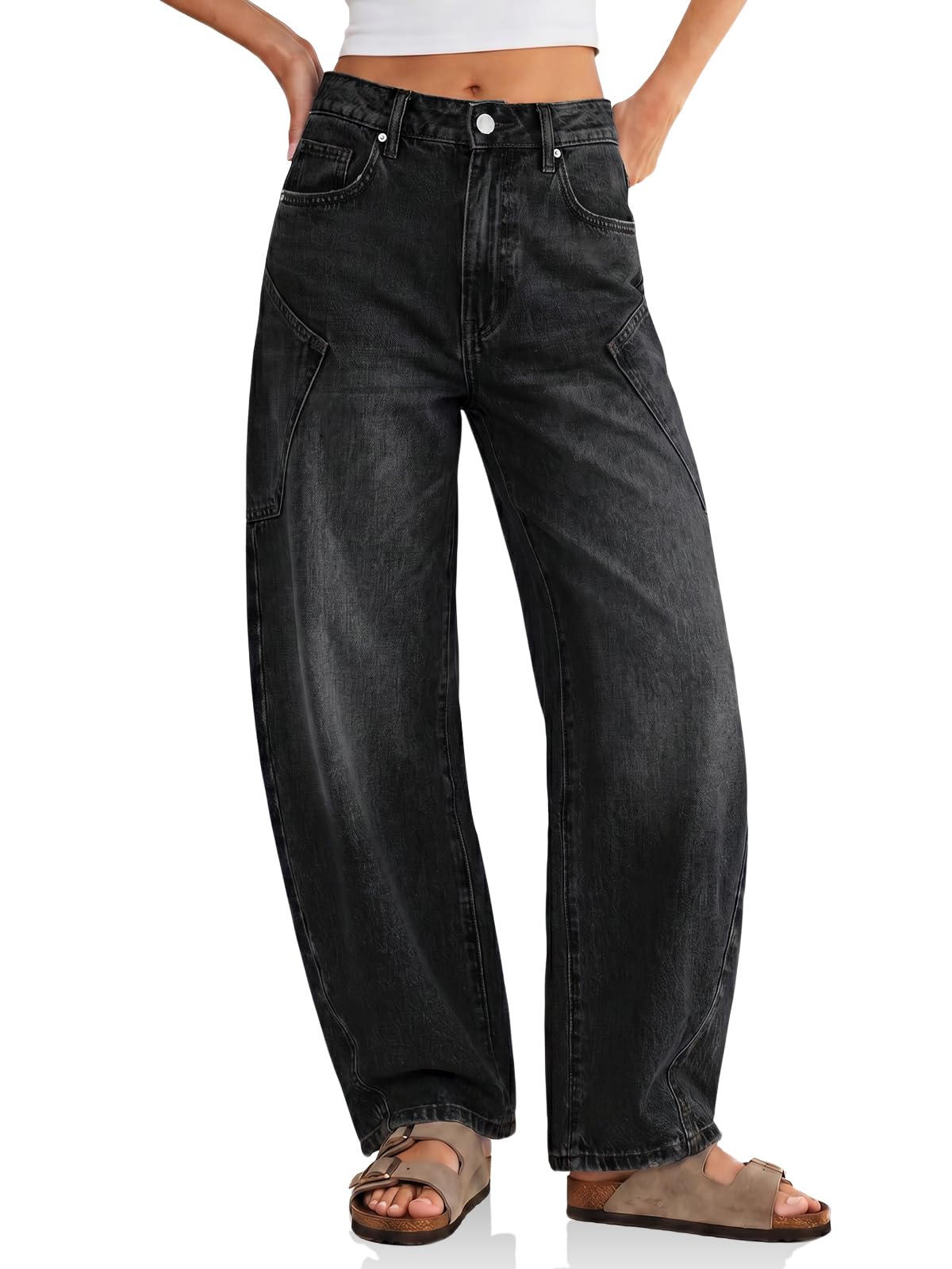 Flowyair Womens Baggy Barrel Jeans Raw High Waisted Wide Leg Denim Pants