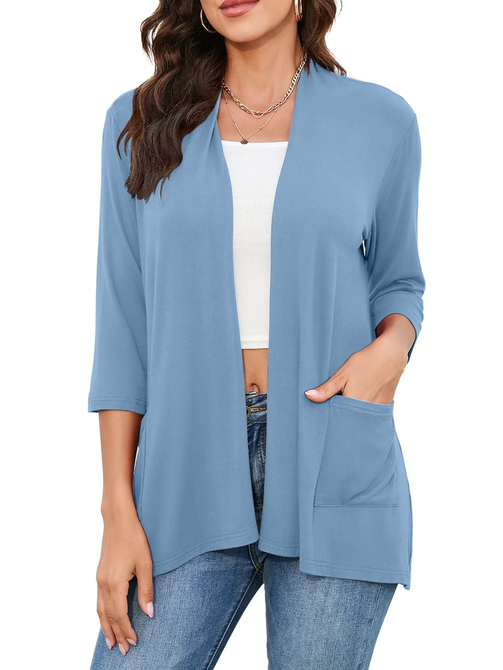HIYIYEZI Womens Casual Lightweight Cardigans with Pockets 3/4 Sleeve Open Front Dusters