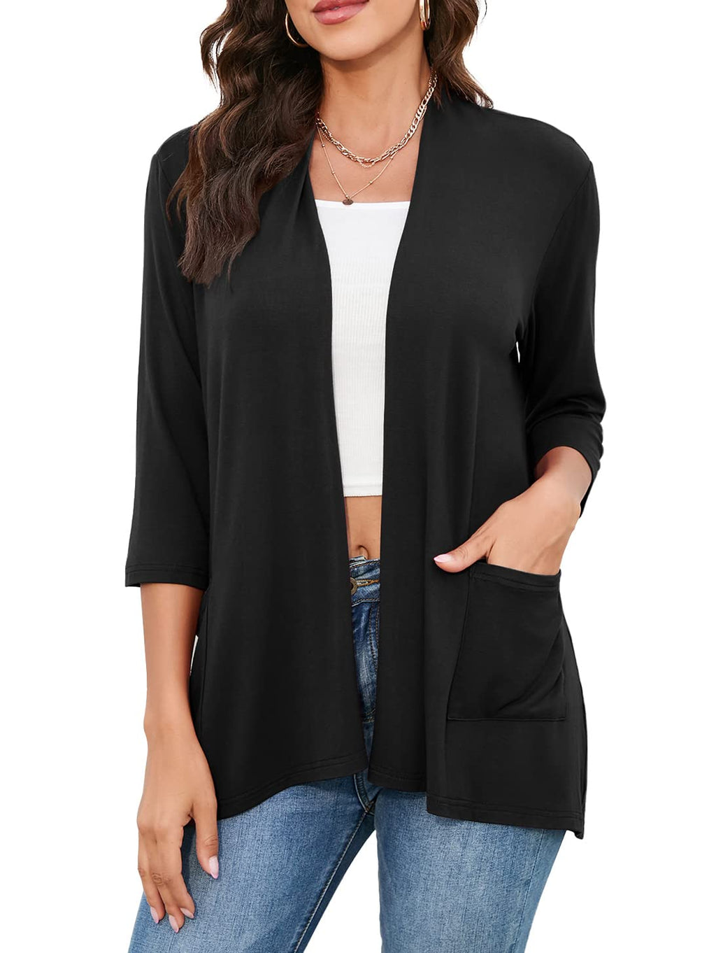 HIYIYEZI Womens Casual Lightweight Cardigans with Pockets 3/4 Sleeve Open Front Dusters
