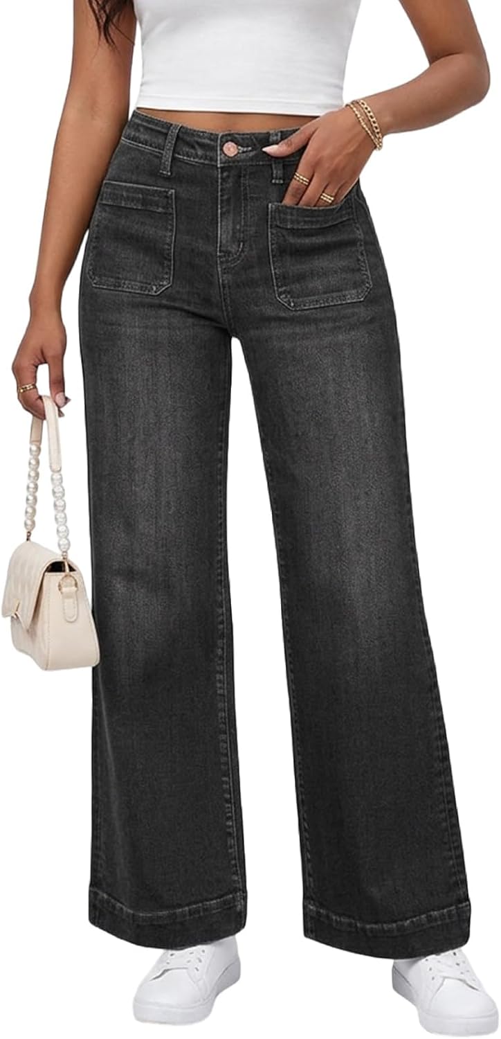 PerZeal Wide Leg Jeans for Women Trendy High Waisted Flare Jeans Straight Denim Pants Stretchy Baggy with Patch Pockets