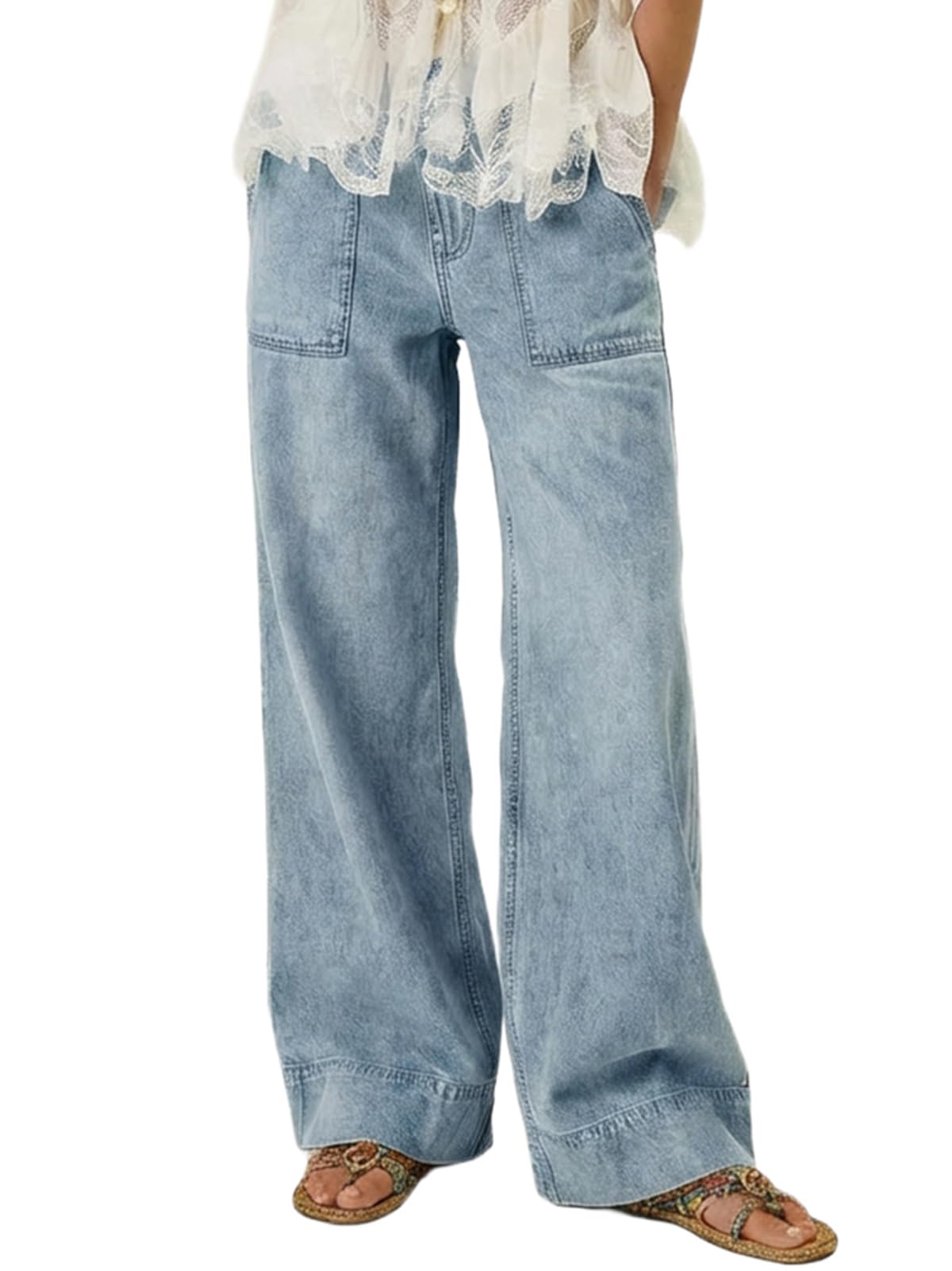 Women's Wide Leg Jeans Baggy Low Mid Rise Pull On Denim Pants Y2k
