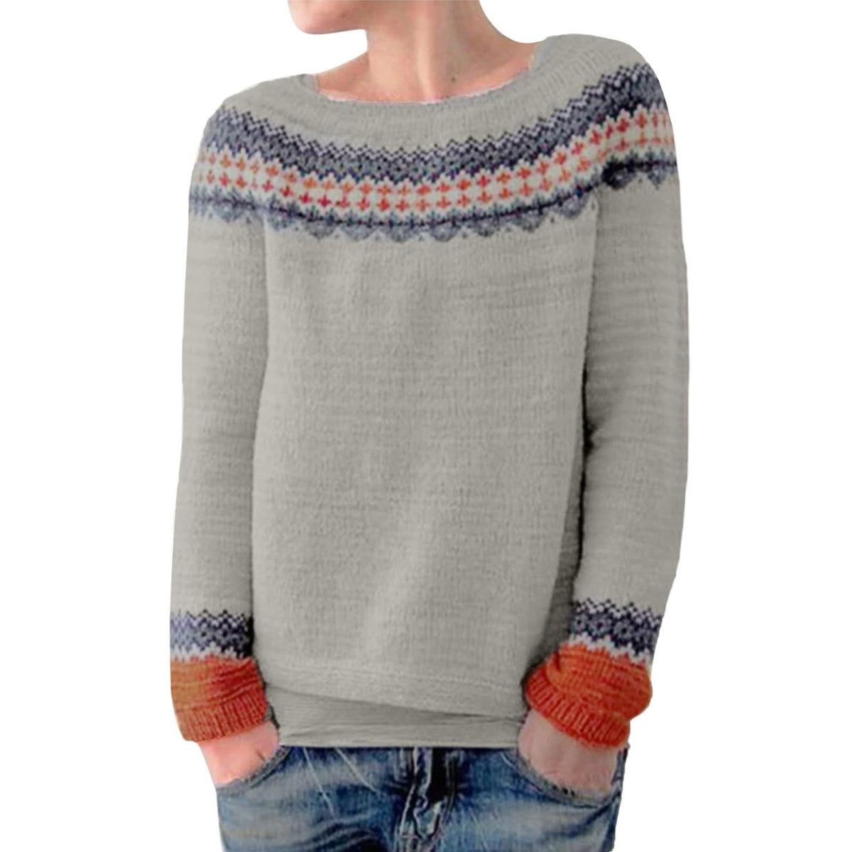 Fair Isle Sweater Women Boho Knitted Vintage Sweaters Casual Crewneck Long Sleeve Lightweight Cropped Pullover Tops