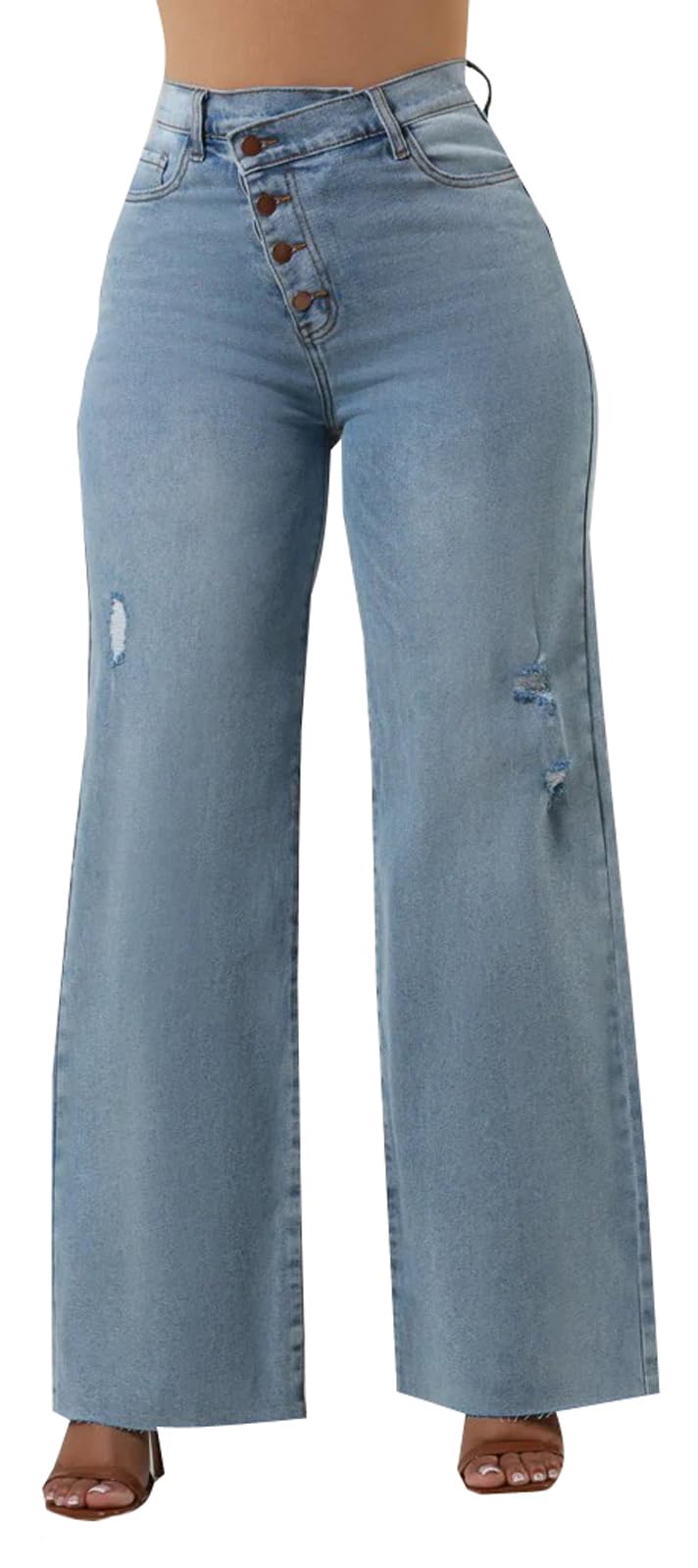 KnoInt Women's Wide Leg Straight Jeans High Waisted Baggy Stretch Loose Denim Pants