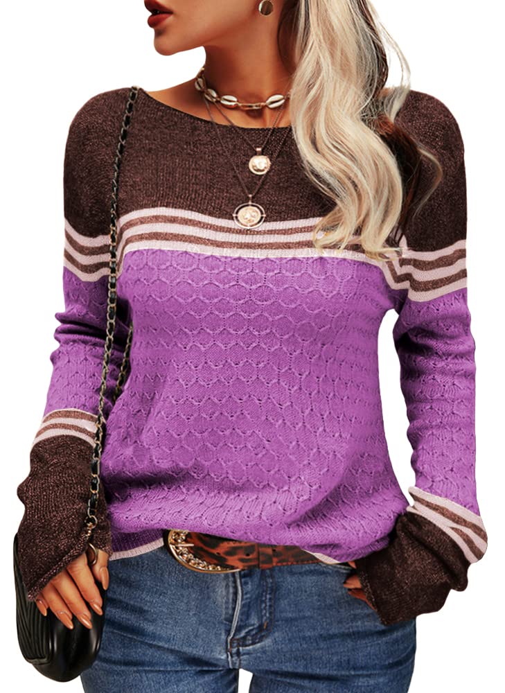 Danedvi Womens Fall Fashion 2026 Sweaters Colorblock Lightweight Striped Crewneck Winter Trendy Pullover Tops