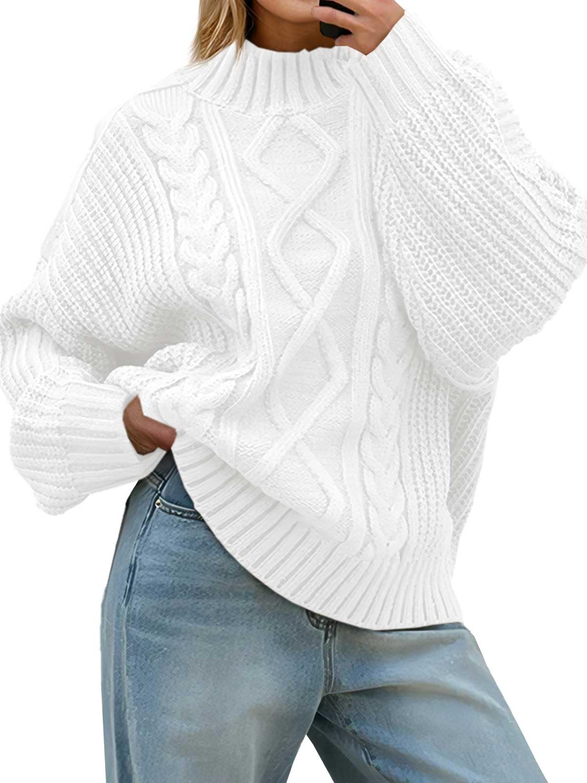 Saodimallsu Womens Oversized Cable Knit Sweaters 2025 Fall Winter Trendy Button Up Turtleneck Chunky Pullover Sweater Tops