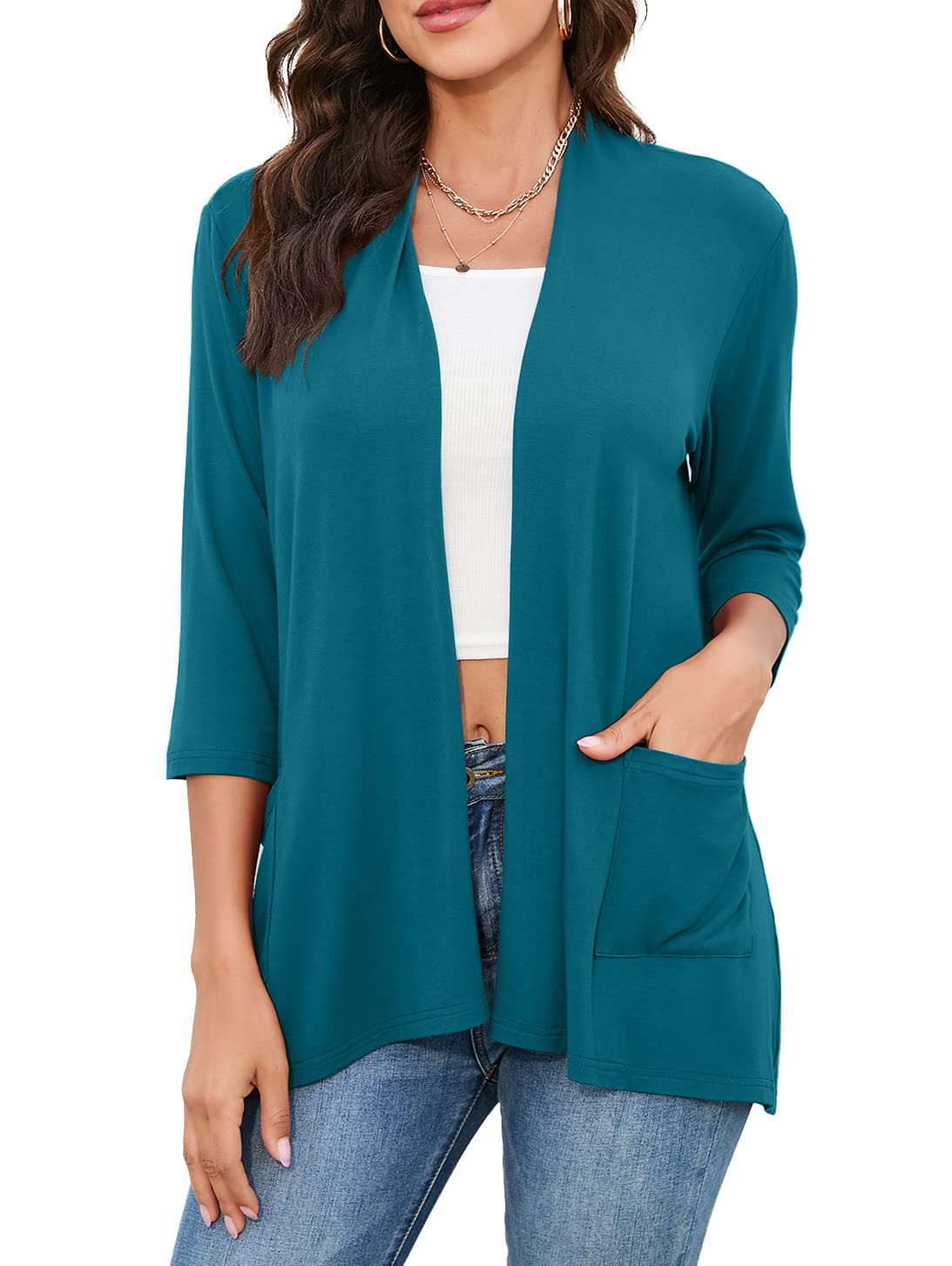 HIYIYEZI Womens Casual Lightweight Cardigans with Pockets 3/4 Sleeve Open Front Dusters