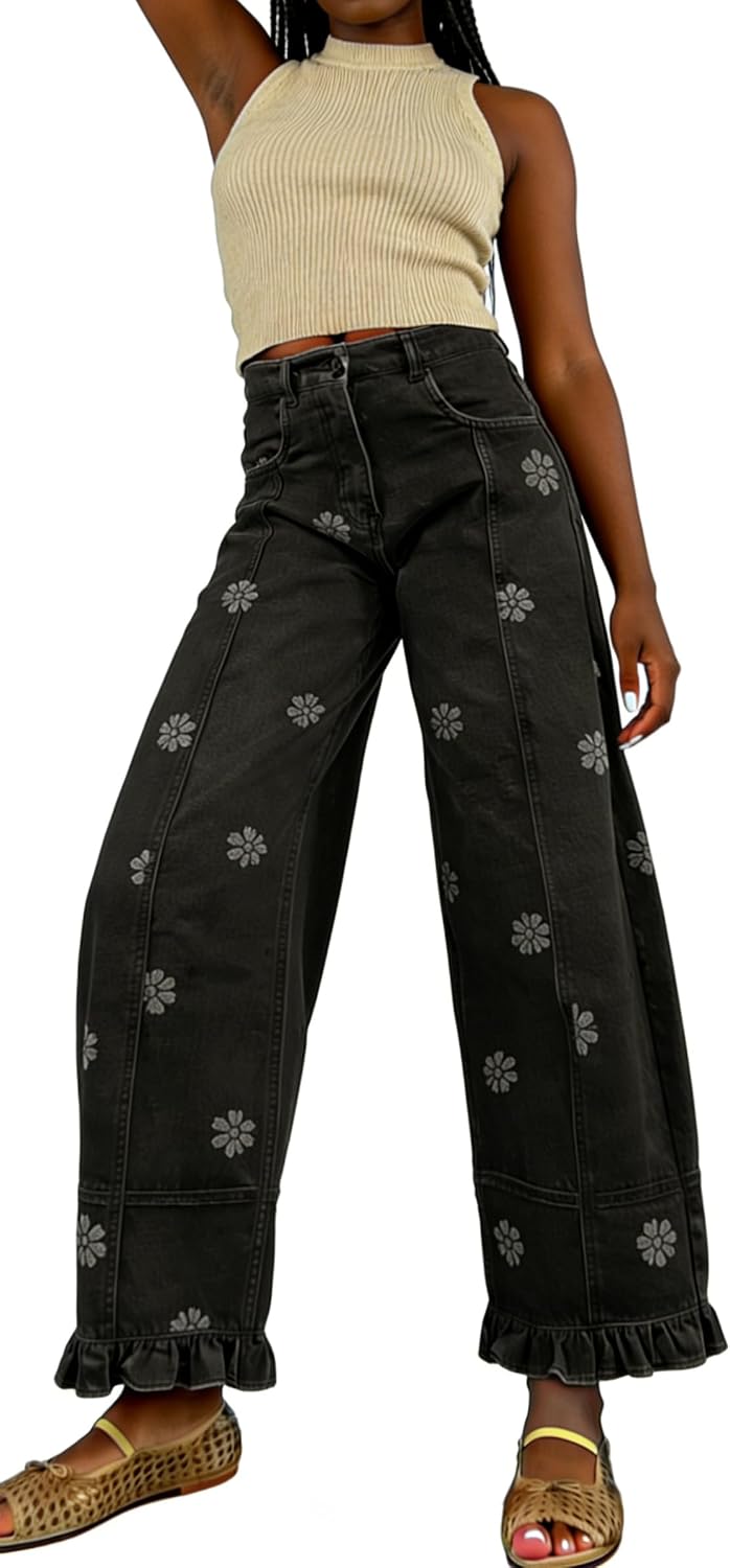 utcoco Barrel Jeans Women 2026 Floral Print Wide Leg Jeans Y2k Patchwork Baggy Boyfriend Denim Pants