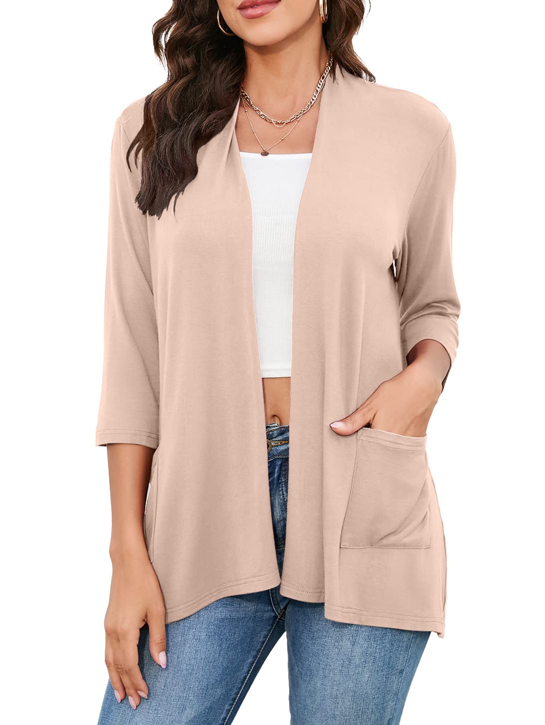 HIYIYEZI Womens Casual Lightweight Cardigans with Pockets 3/4 Sleeve Open Front Dusters