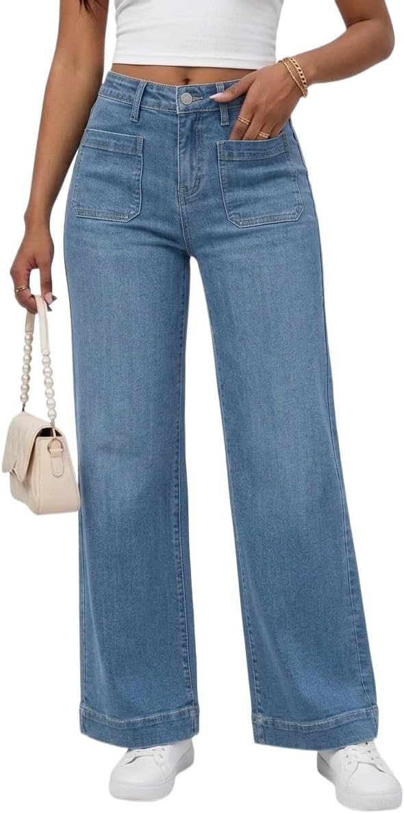 PerZeal Wide Leg Jeans for Women Trendy High Waisted Flare Jeans Straight Denim Pants Stretchy Baggy with Patch Pockets