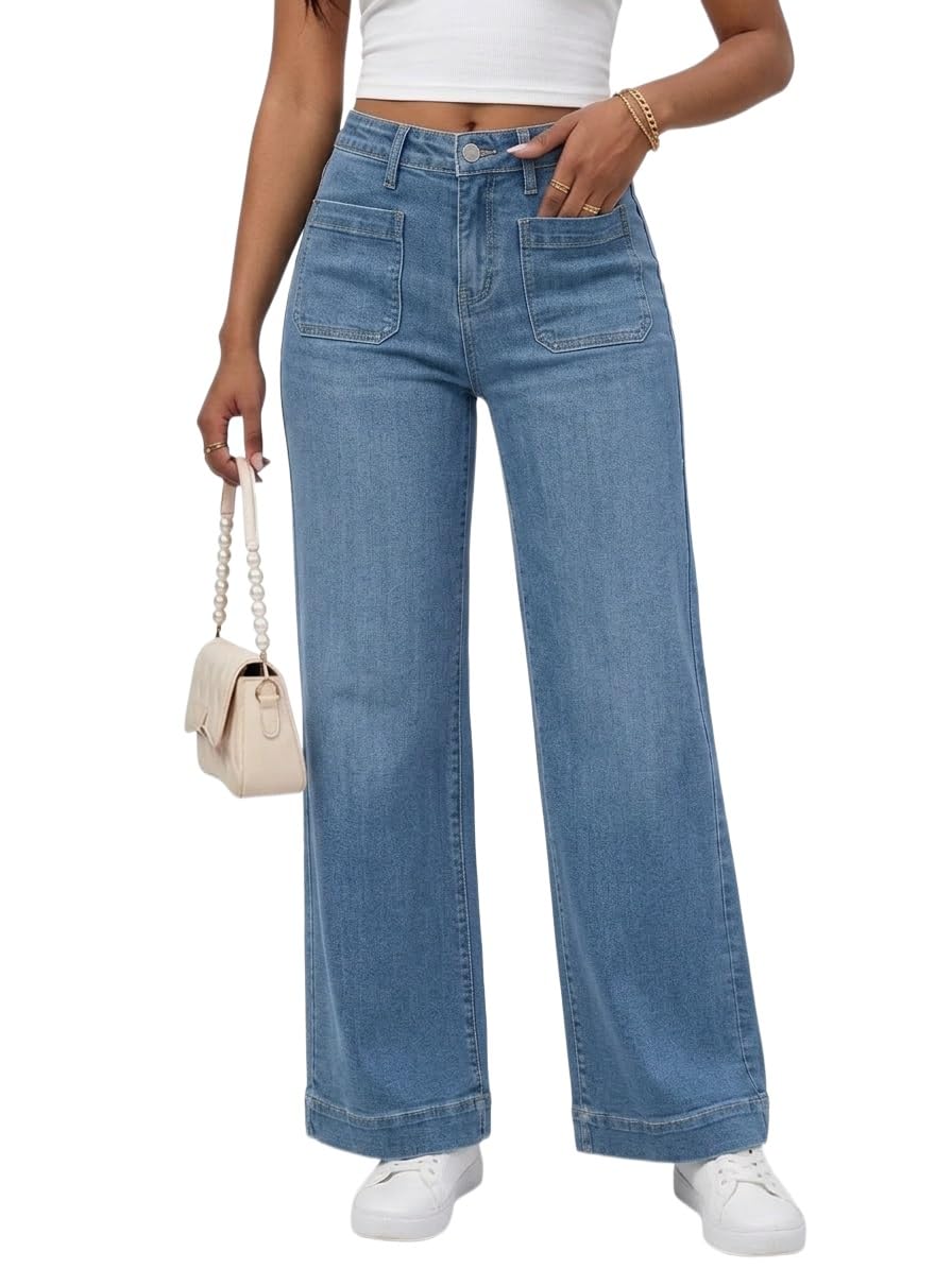 PerZeal Wide Leg Jeans for Women Trendy High Waisted Flare Jeans Straight Denim Pants Stretchy Baggy with Patch Pockets