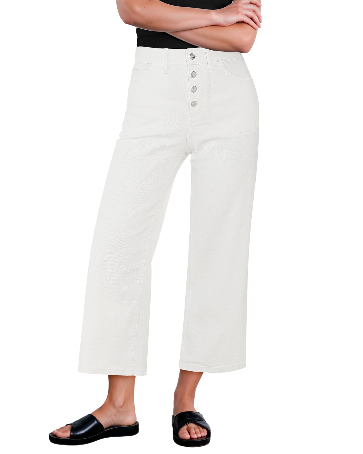 GRAPENT Wide Leg Jeans for Women Cropped Trendy High Waisted Button Fly Loose Straight Leg Stretchy Denim Trouser Jeans