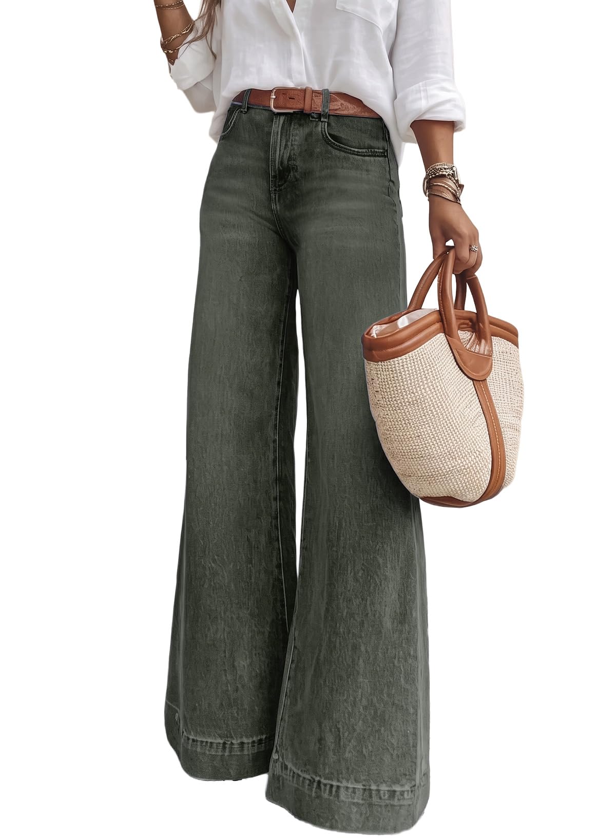 SHEWIN Flare Jeans for Women Wide Leg High Waisted Strechy Loose Casual Denim Pants with Pockets