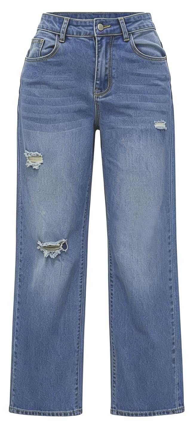 KnoInt Women's Wide Leg Straight Jeans High Waisted Baggy Stretch Loose Denim Pants