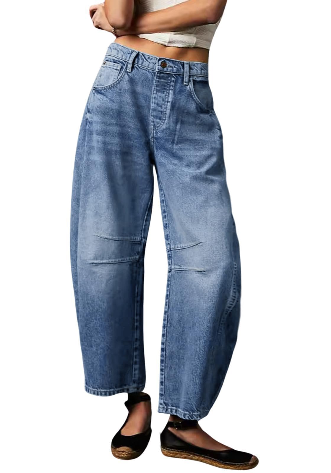 Womens Stretchy Mid Rise Barrel Jeans Vintage Loose Wide Leg Cropped Denim Pants Y2k Baggy Boyfriend Jeans