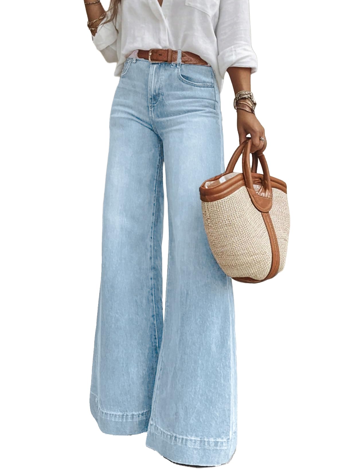 SHEWIN Flare Jeans for Women Wide Leg High Waisted Strechy Loose Casual Denim Pants with Pockets