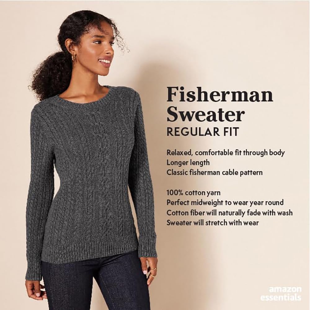 Amazon Essentials Women's Regular Fit Soft Cotton Cable Knit Ribbed Crewneck Sweater (Available in Plus Size)