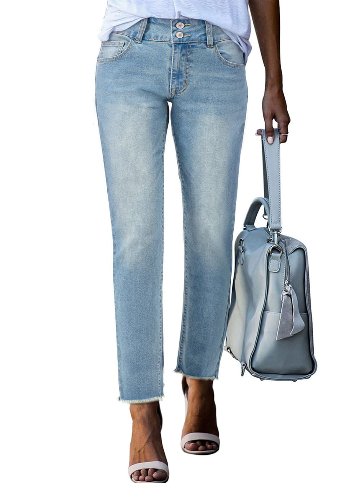 Sidefeel Women's High Waisted Raw Hem Straight Leg Jeans