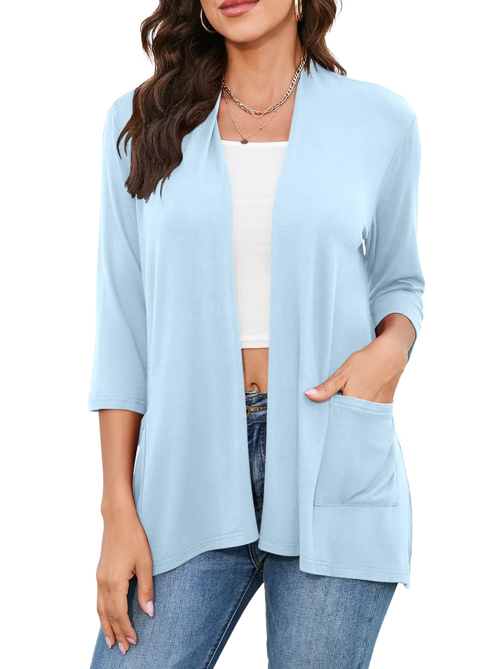 HIYIYEZI Womens Casual Lightweight Cardigans with Pockets 3/4 Sleeve Open Front Dusters