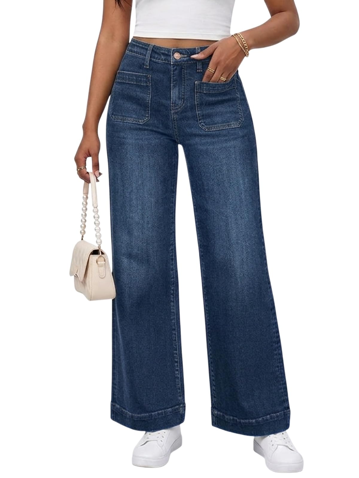 PerZeal Wide Leg Jeans for Women Trendy High Waisted Flare Jeans Straight Denim Pants Stretchy Baggy with Patch Pockets