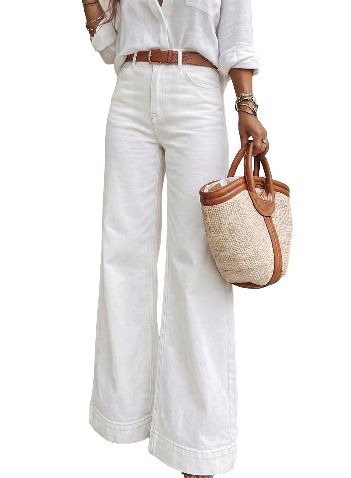 SHEWIN Flare Jeans for Women Wide Leg High Waisted Strechy Loose Casual Denim Pants with Pockets