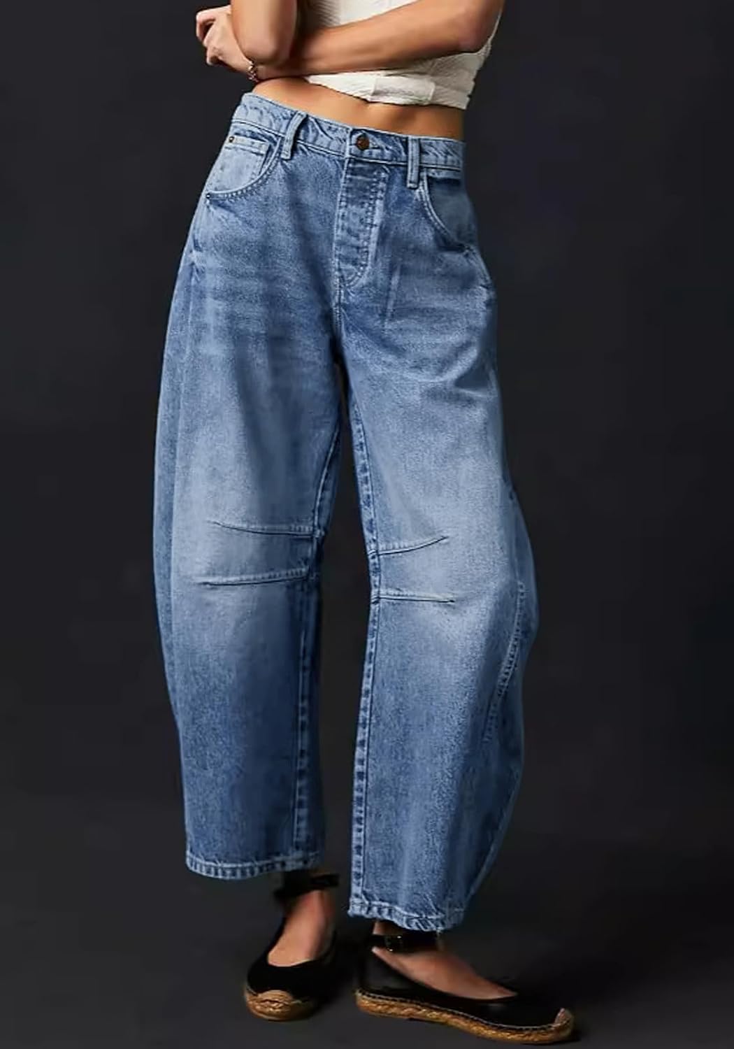 Womens Stretchy Mid Rise Barrel Jeans Vintage Loose Wide Leg Cropped Denim Pants Y2k Baggy Boyfriend Jeans