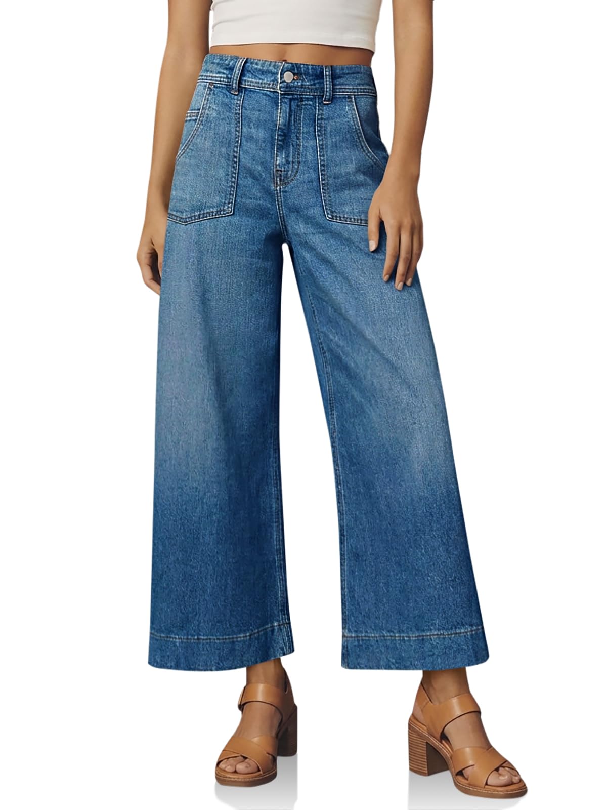 Cicy Bell Womens Cropped Wide Leg Jeans High Waisted Stretchy Denim Pants
