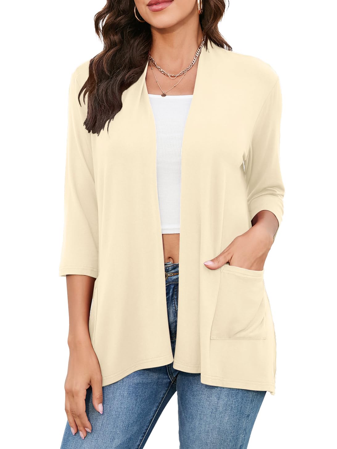 HIYIYEZI Womens Casual Lightweight Cardigans with Pockets 3/4 Sleeve Open Front Dusters