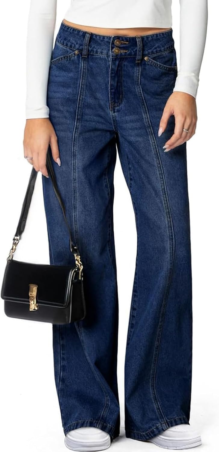 Nantdog Baggy Jeans Women High Waist Baggy Wide Leg Stretchy Denim Pants