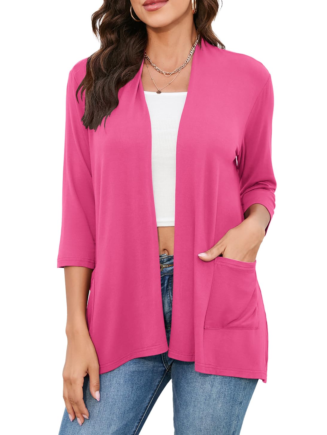HIYIYEZI Womens Casual Lightweight Cardigans with Pockets 3/4 Sleeve Open Front Dusters