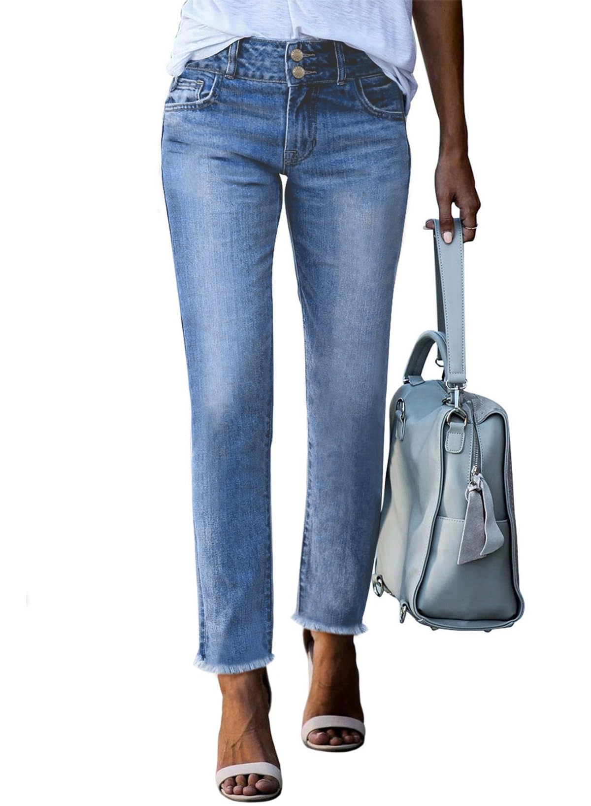 Sidefeel Women's High Waisted Raw Hem Straight Leg Jeans