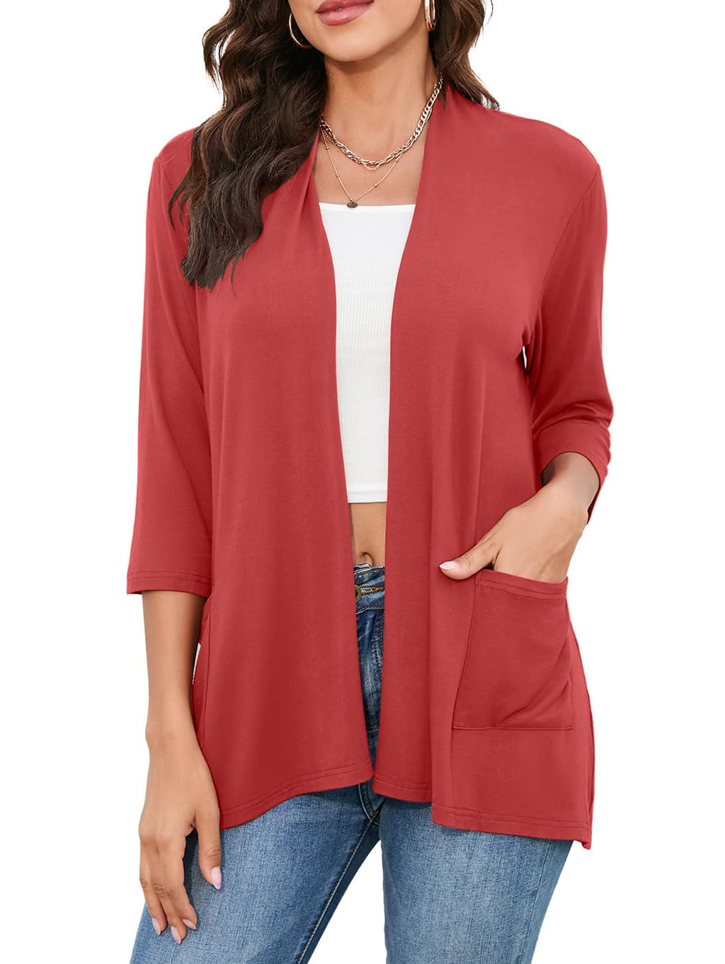 HIYIYEZI Womens Casual Lightweight Cardigans with Pockets 3/4 Sleeve Open Front Dusters