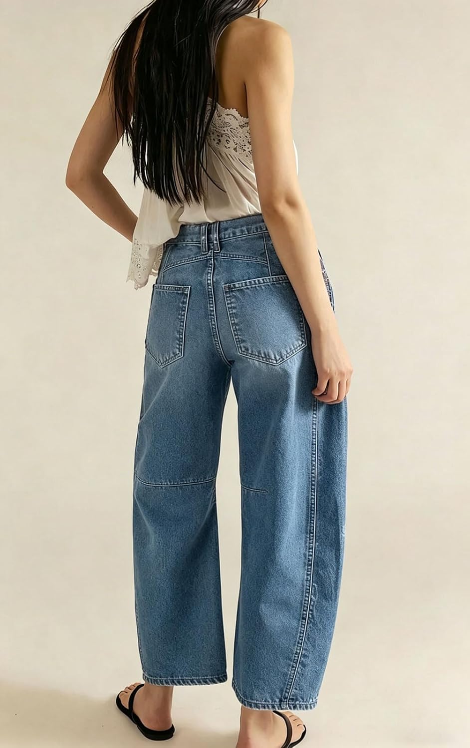 loveimgs Women Casual Wide Leg Mid Rise Jeans Baggy Barrel Jeans Denim Pull On Pants Sweatpants Y2k Boyfriend Boho Ankle Pant