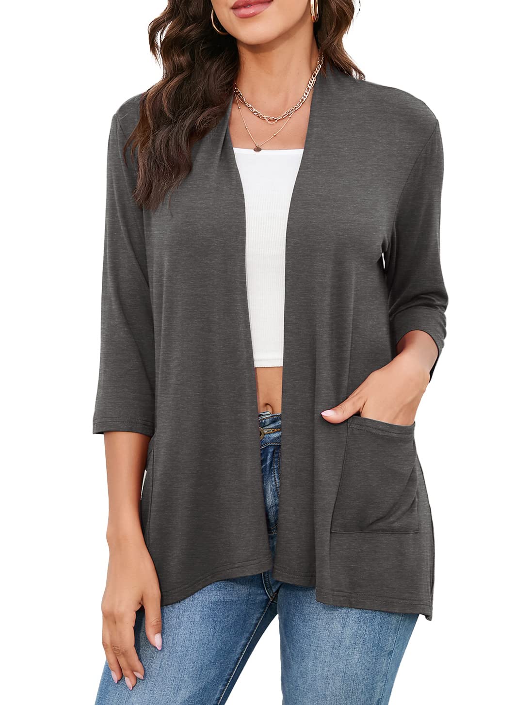 HIYIYEZI Womens Casual Lightweight Cardigans with Pockets 3/4 Sleeve Open Front Dusters