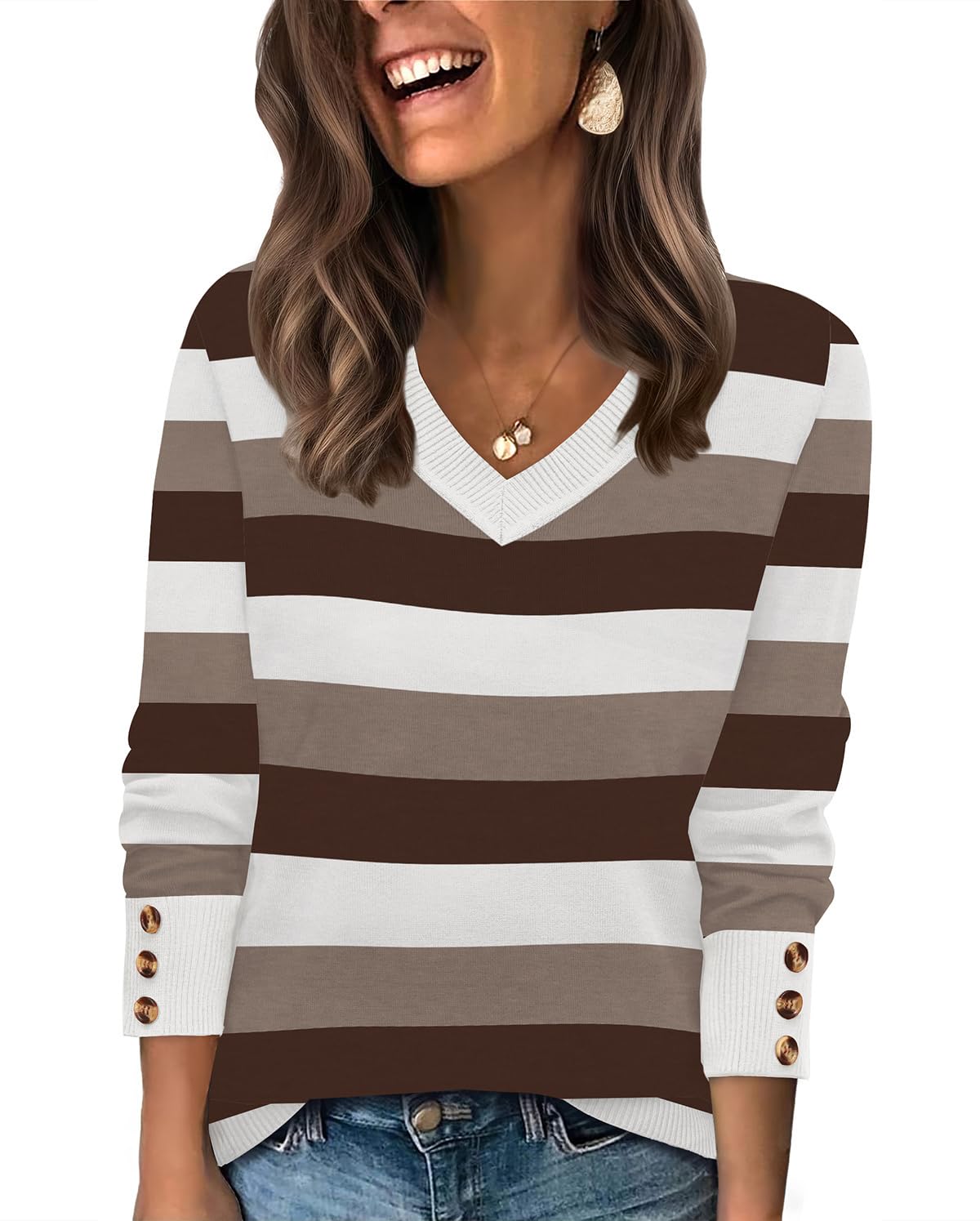 WIHOLL Lightweight Sweaters for Women Long Sleeve V Neck Knit Outfits with Decorative Buttons