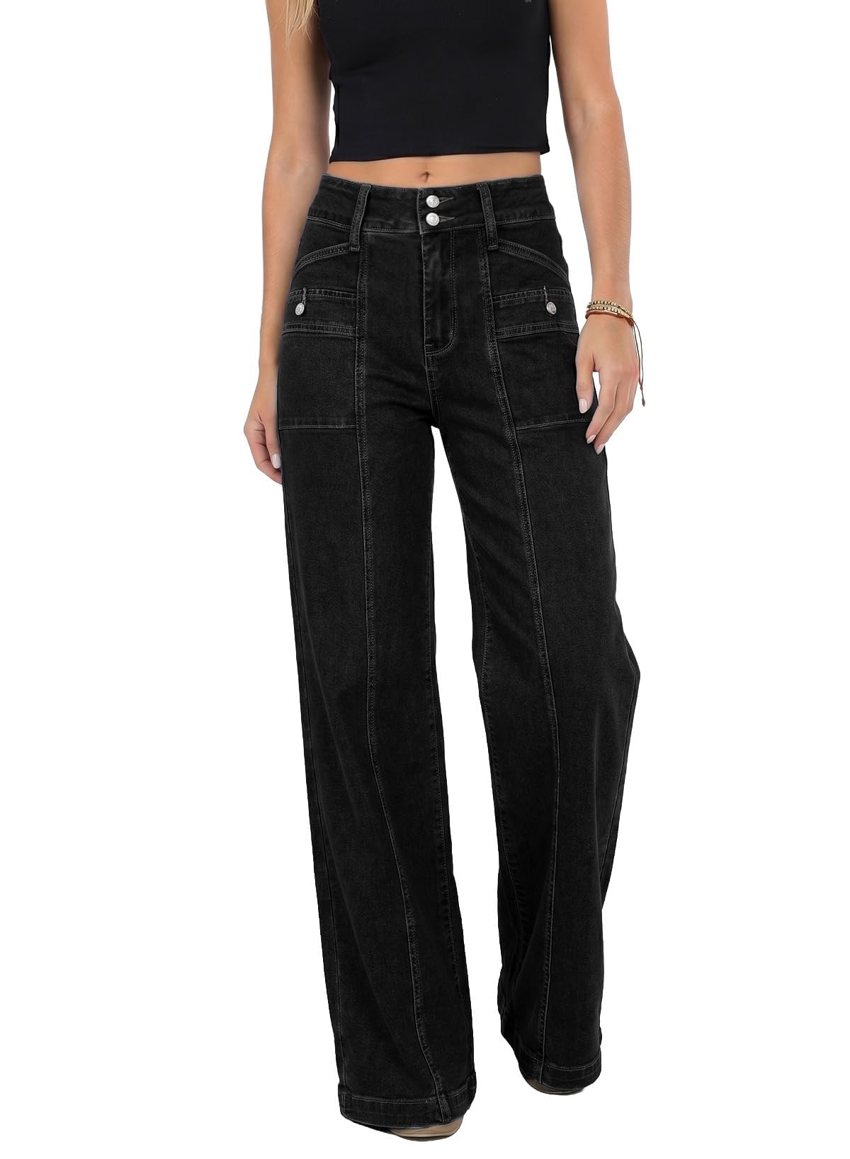 Astylish Women's Wide Leg Jeans High Waisted Double Buttons Stretchy Straight Leg Jean Trendy Denim Pants Big Pockets