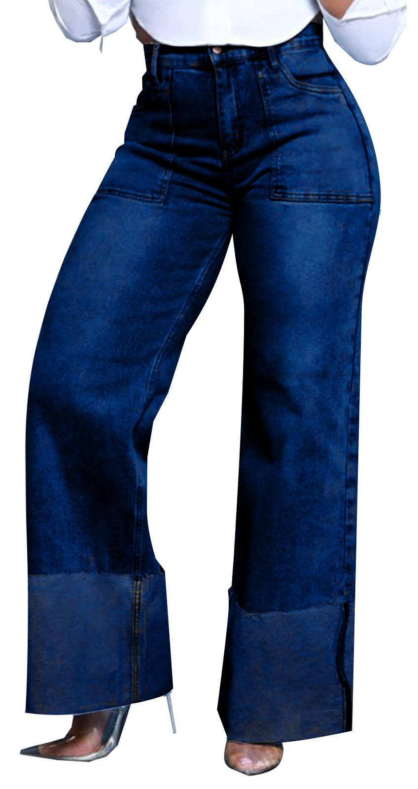 KnoInt Women's Wide Leg Straight Jeans High Waisted Baggy Stretch Loose Denim Pants