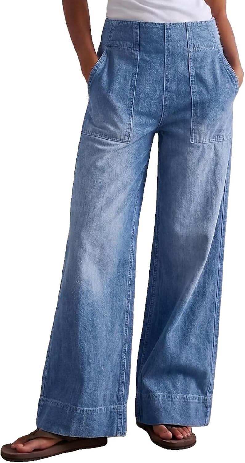 Women's Wide Leg Jeans Baggy Low Mid Rise Pull On Denim Pants Y2k